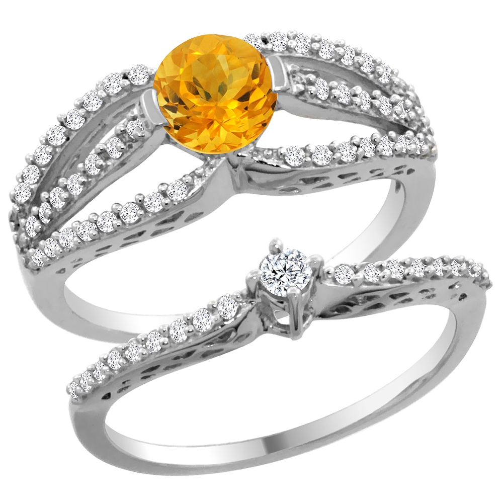 14K White Gold Natural Citrine 2-piece Engagement Ring Set Round 5mm, sizes 5 - 10