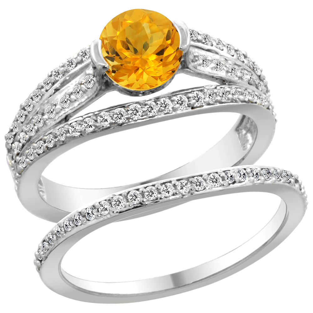 14K White Gold Natural Citrine 2-piece Engagement Ring Set Round 6mm, sizes 5 - 10