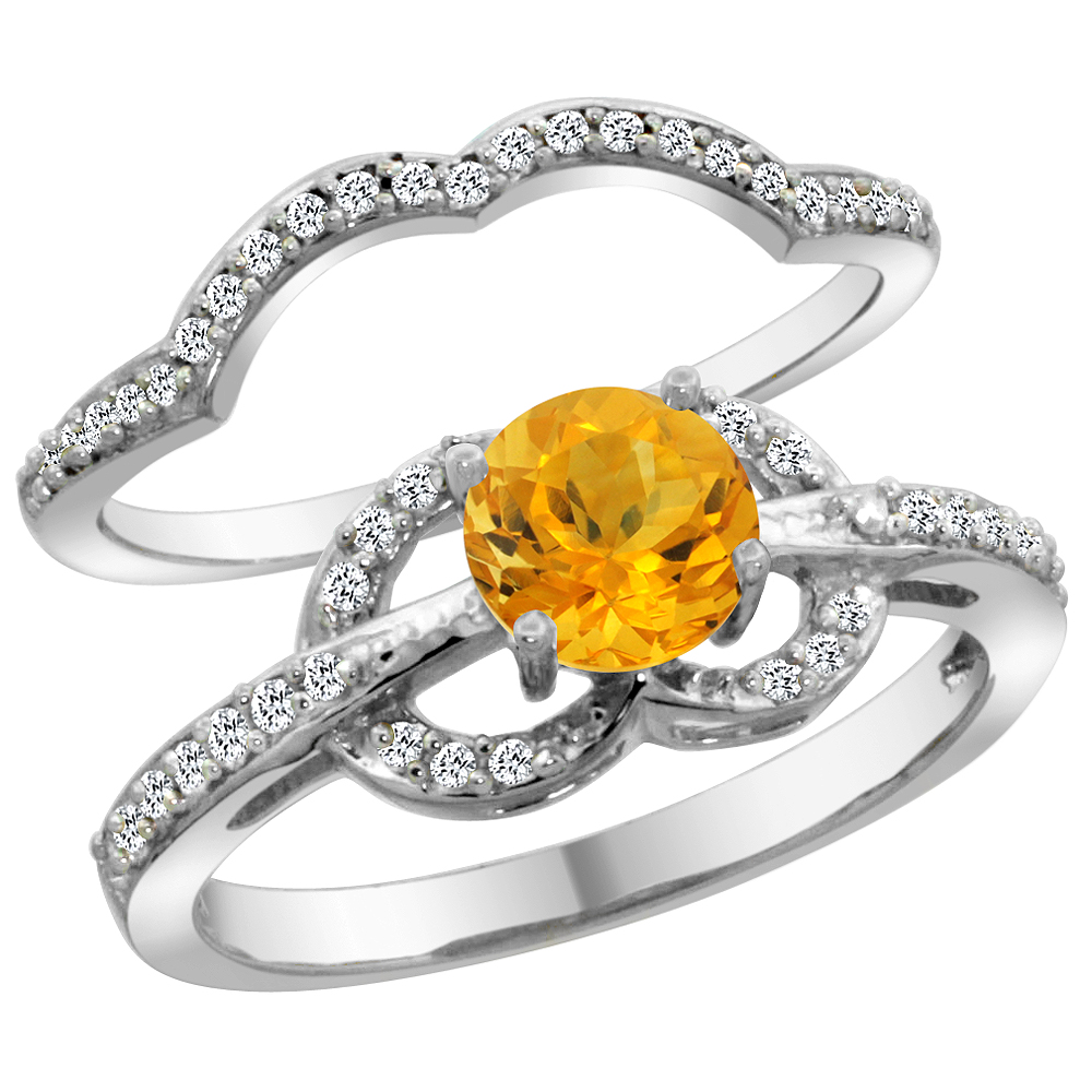 14K White Gold Natural Citrine 2-piece Engagement Ring Set Round 6mm, sizes 5 - 10