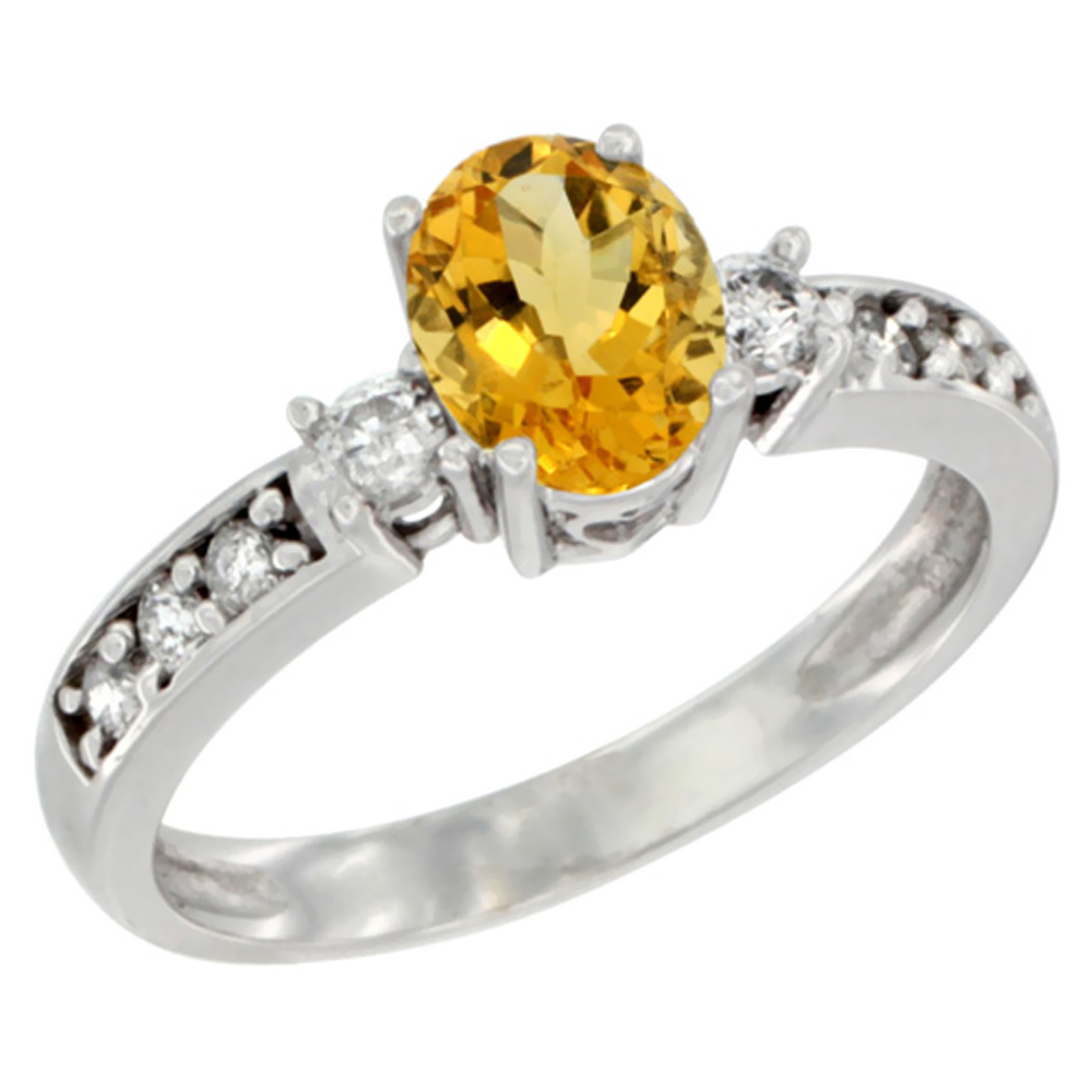 10k White Gold Natural Citrine Ring Oval 7x5 mm Diamond Accent, sizes 5 - 10