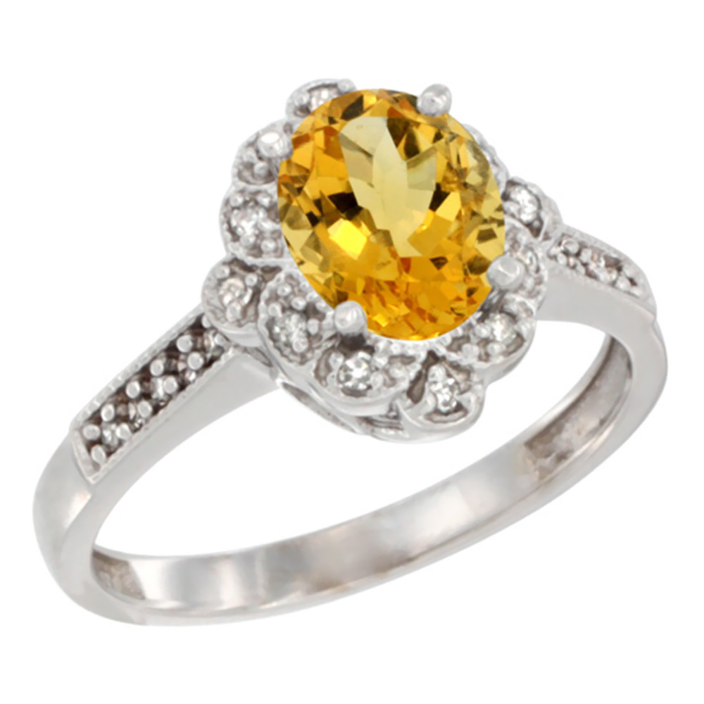14K White Gold Natural Citrine Ring Oval 8x6 mm Floral Diamond Halo, sizes 5 - 10