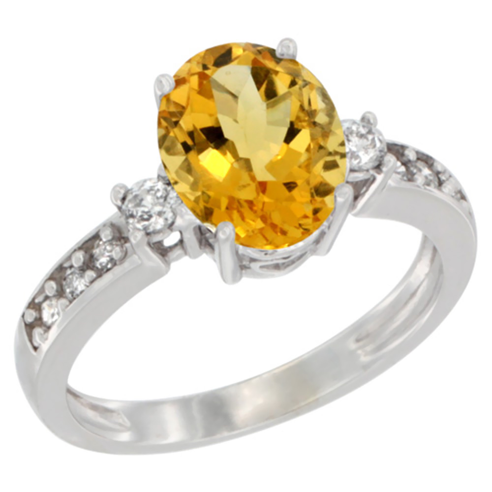 10K White Gold Natural Citrine Ring Oval 9x7 mm Diamond Accent, sizes 5 - 10