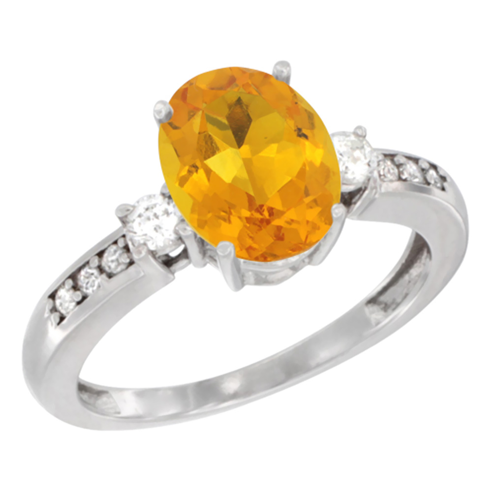 10k White Gold Natural Citrine Ring Oval 9x7 mm Diamond Accent, sizes 5 - 10