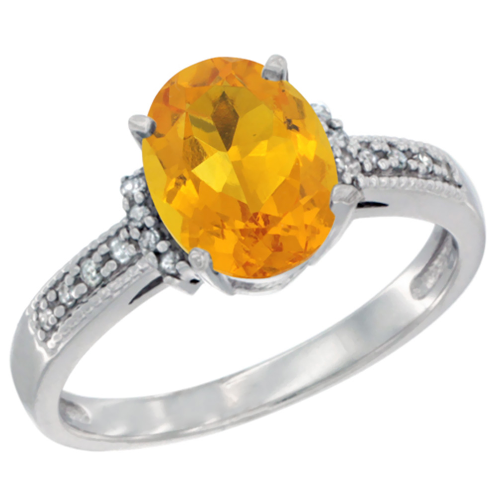 10K White Gold Natural Citrine Ring Oval 9x7 mm Diamond Accent, sizes 5 - 10