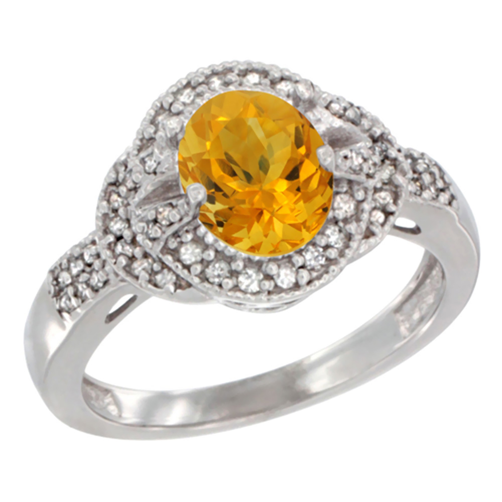 14K White Gold Natural Citrine Ring Oval 8x6 mm Diamond Accent, sizes 5 - 10