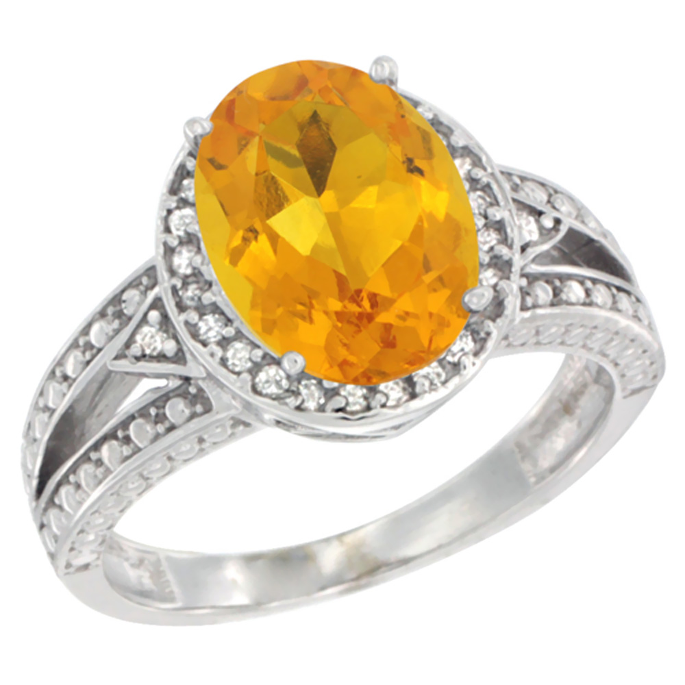 14K Yellow Gold Natural Citrine Ring Oval 9x7 mm Diamond Halo, sizes 5 - 10