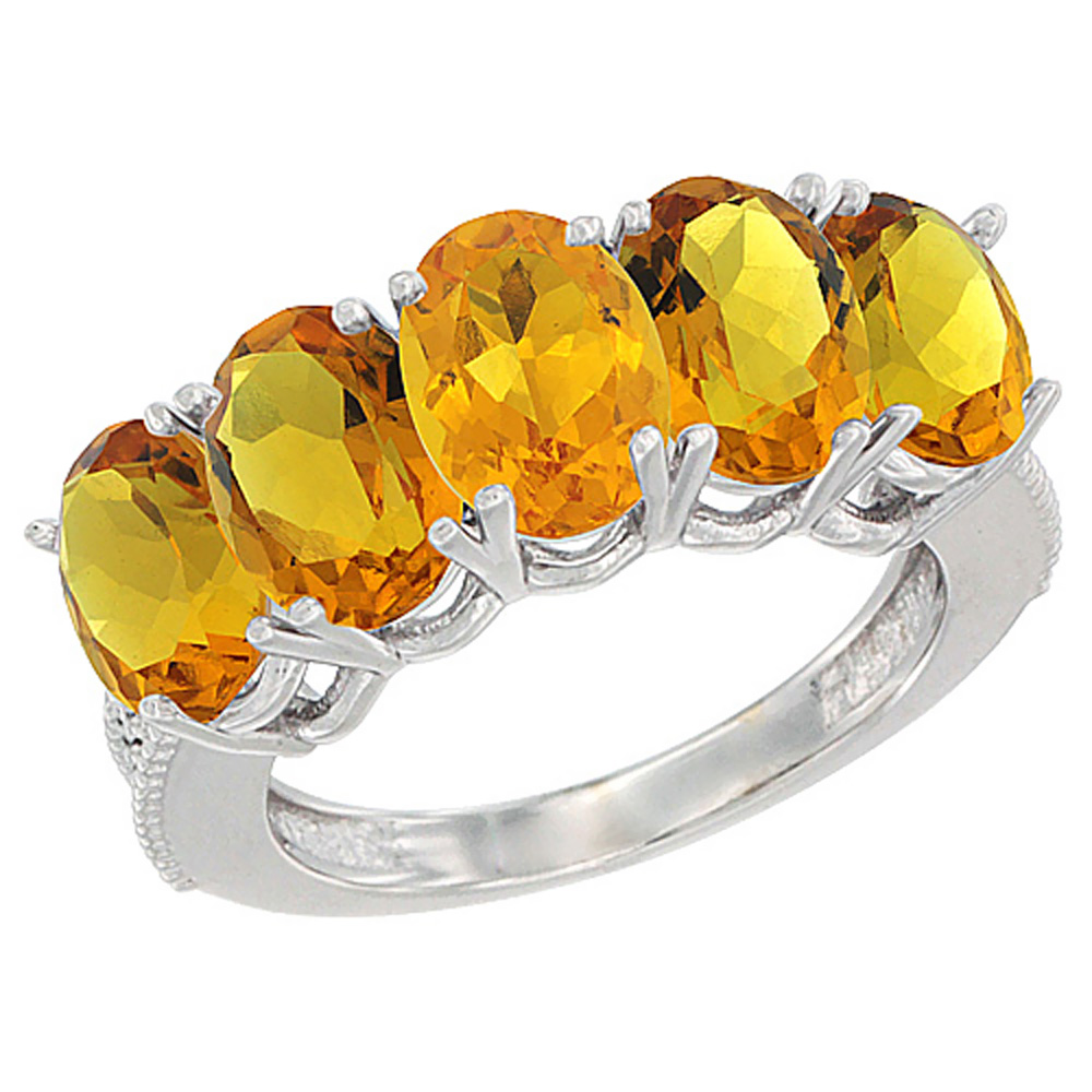 14K White Gold Natural Citrine 1 ct. Oval 7x5mm 5-Stone Mother&#039;s Ring with Diamond Accents, sizes 5 to 10 with half sizes