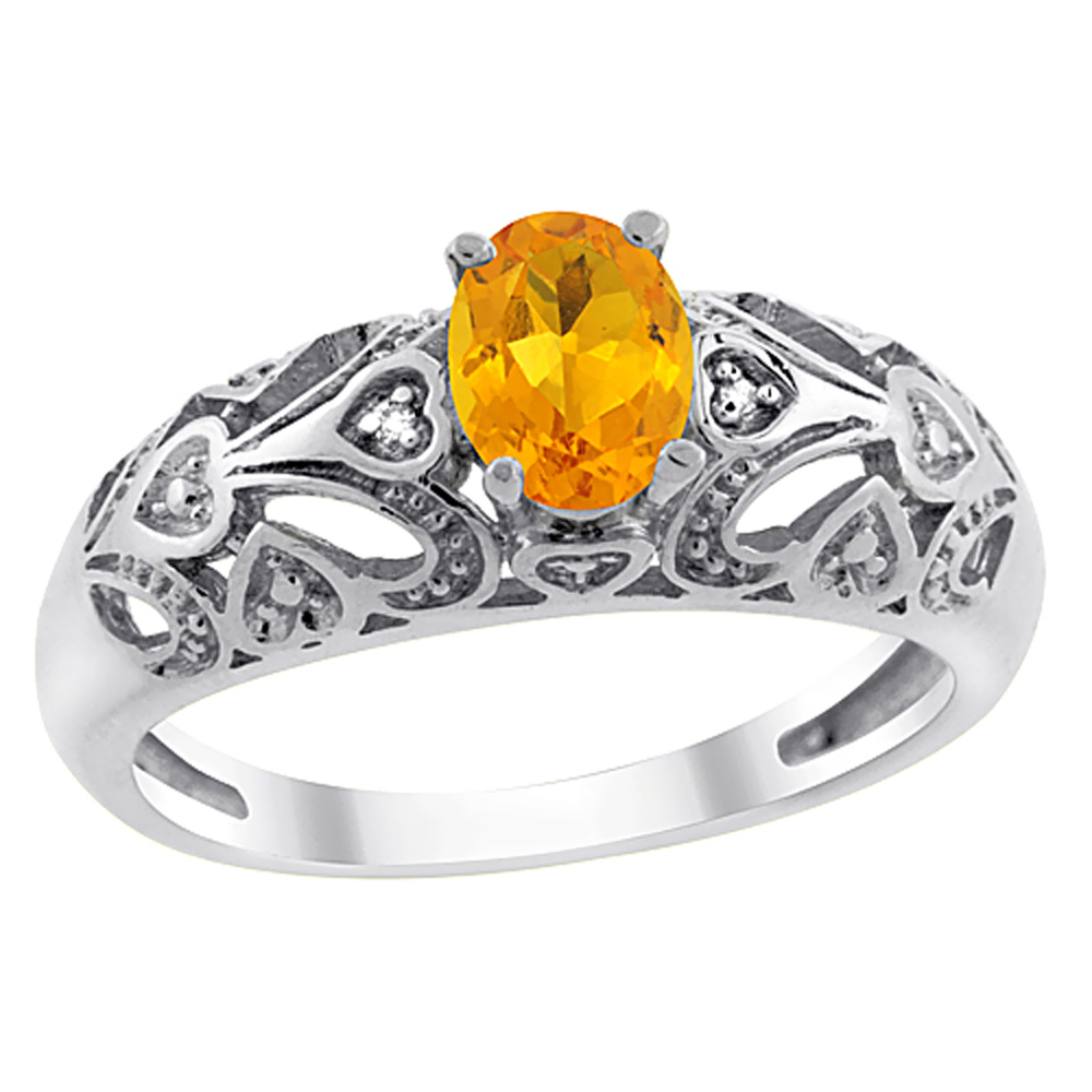10K White Gold Natural Citrine Ring Oval 6x4 mm Diamond Accent, sizes 5 - 10