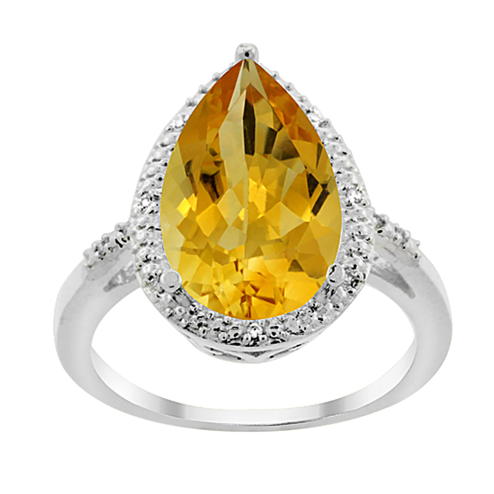 14K Yellow Gold Natural Citrine Ring Pear Shape 10x15 mm Diamond Accent, sizes 5 - 10