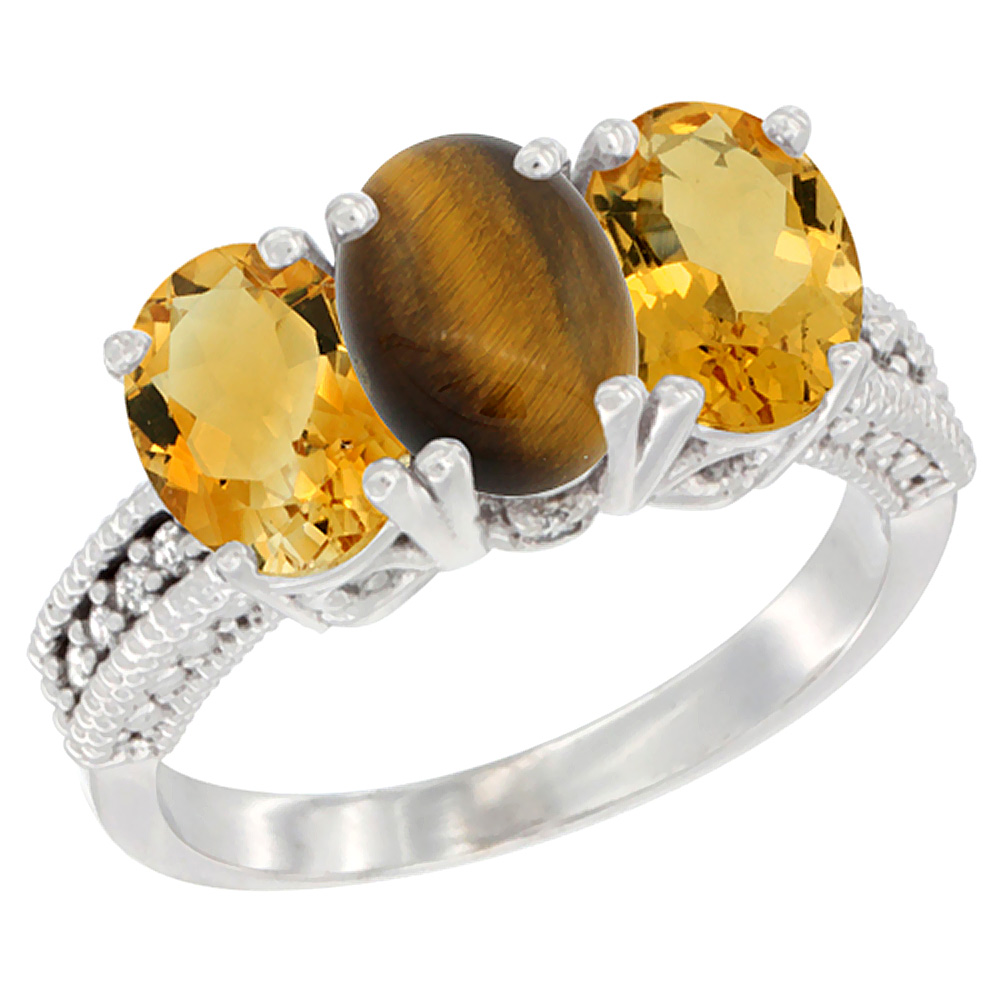 14K White Gold Natural Tiger Eye &amp; Citrine Sides Ring 3-Stone 7x5 mm Oval Diamond Accent, sizes 5 - 10