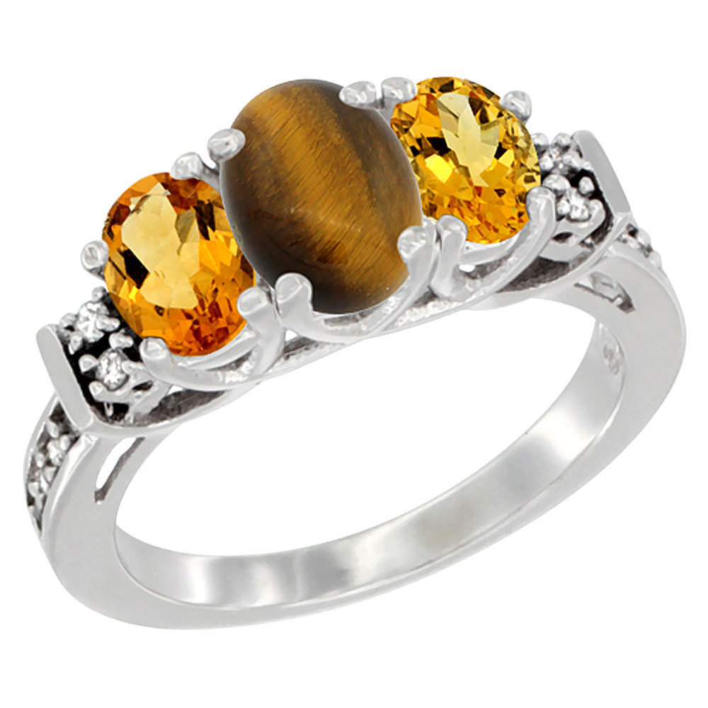 14K White Gold Natural Tiger Eye &amp; Citrine Ring 3-Stone Oval Diamond Accent, sizes 5-10