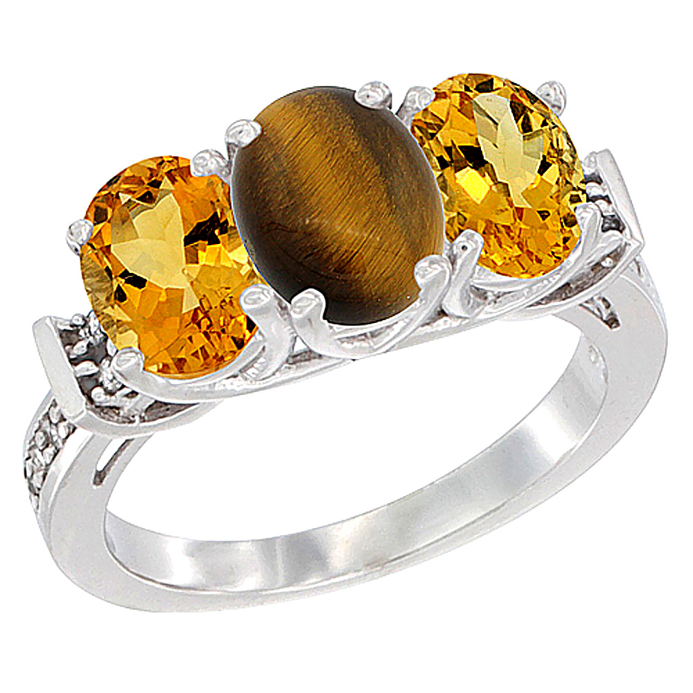 14K White Gold Natural Tiger Eye &amp; Citrine Sides Ring 3-Stone Oval Diamond Accent, sizes 5 - 10