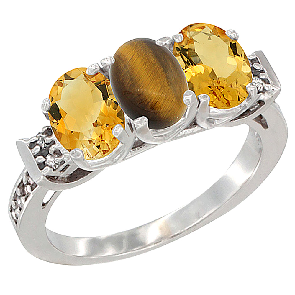 14K White Gold Natural Tiger Eye & Citrine Sides Ring 3-Stone 7x5 mm Oval Diamond Accent, sizes 5 - 10
