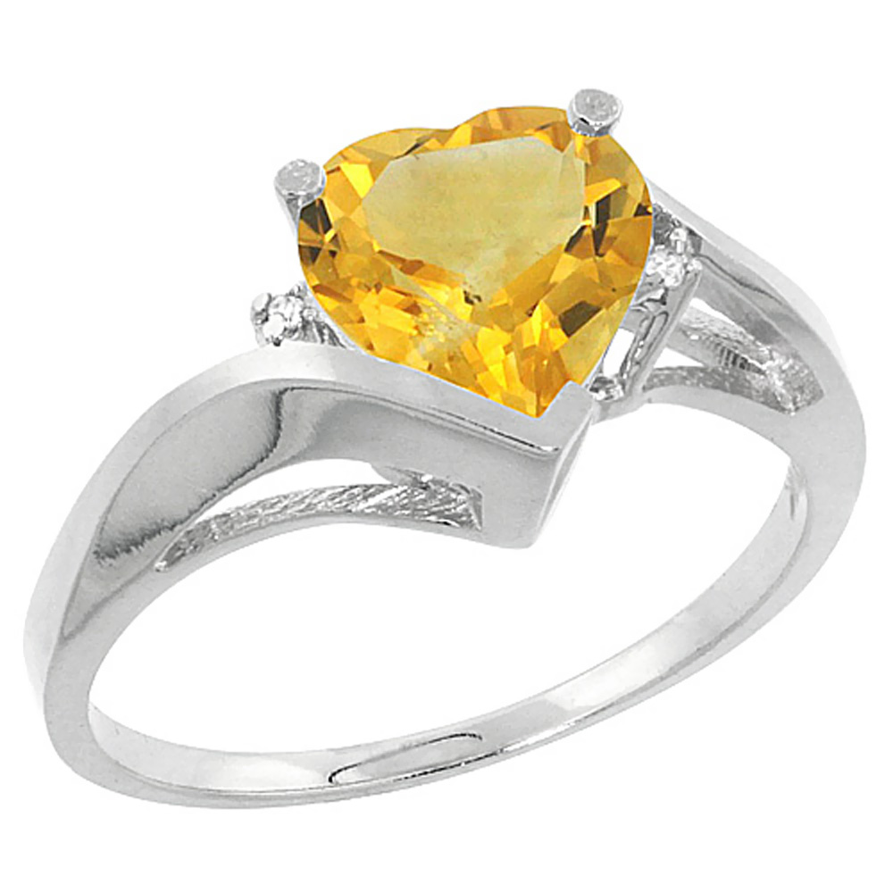 10K White Gold Natural Citrine Heart Ring 7mm Diamond Accent, sizes 5 - 10