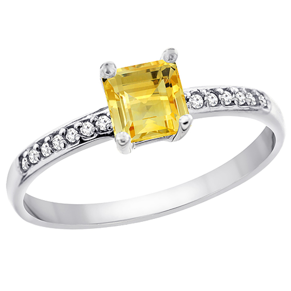 14K White Gold Natural Citrine Ring Octagon 7x5 mm Diamond Accents