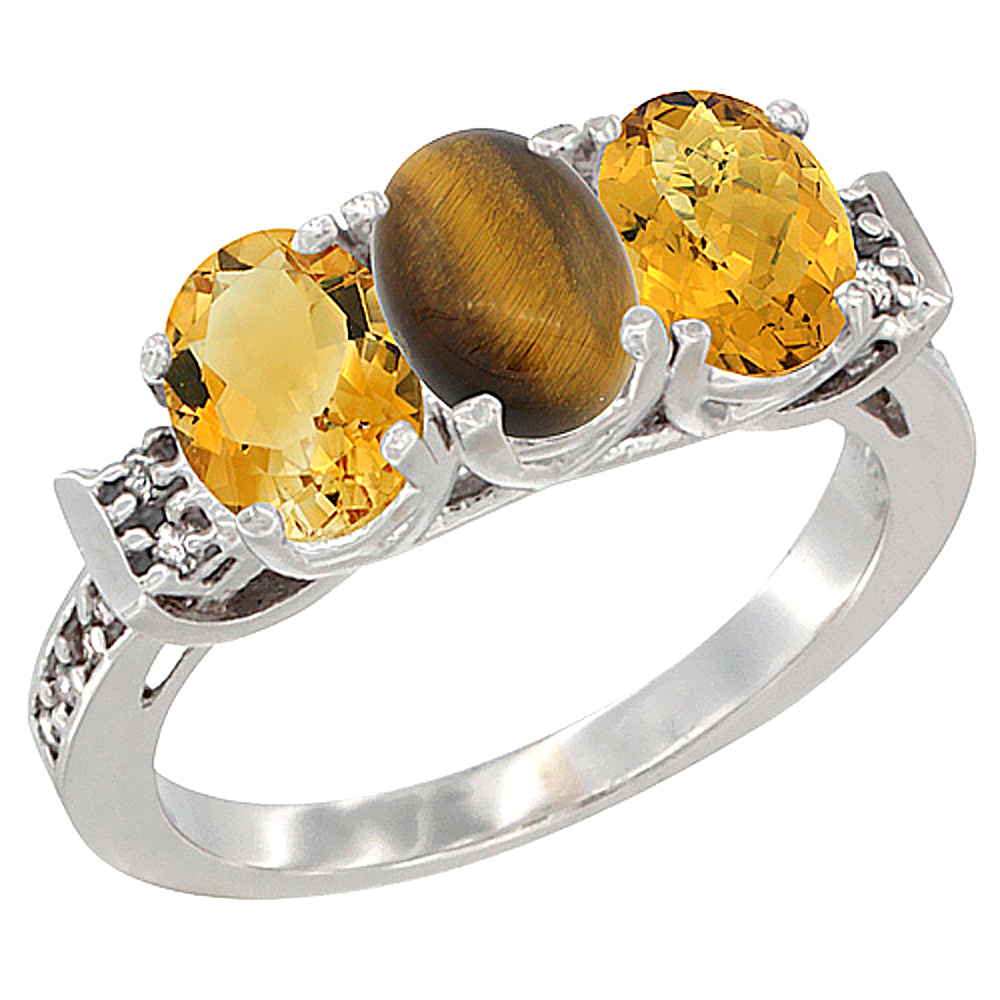 14K White Gold Natural Citrine, Tiger Eye &amp; Whisky Quartz Ring 3-Stone 7x5 mm Oval Diamond Accent, sizes 5 - 10