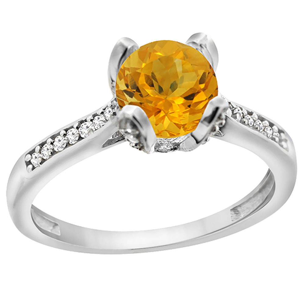 14K White Gold Diamond Natural Citrine Engagement Ring Round 7mm, sizes 5 to 10 with half sizes