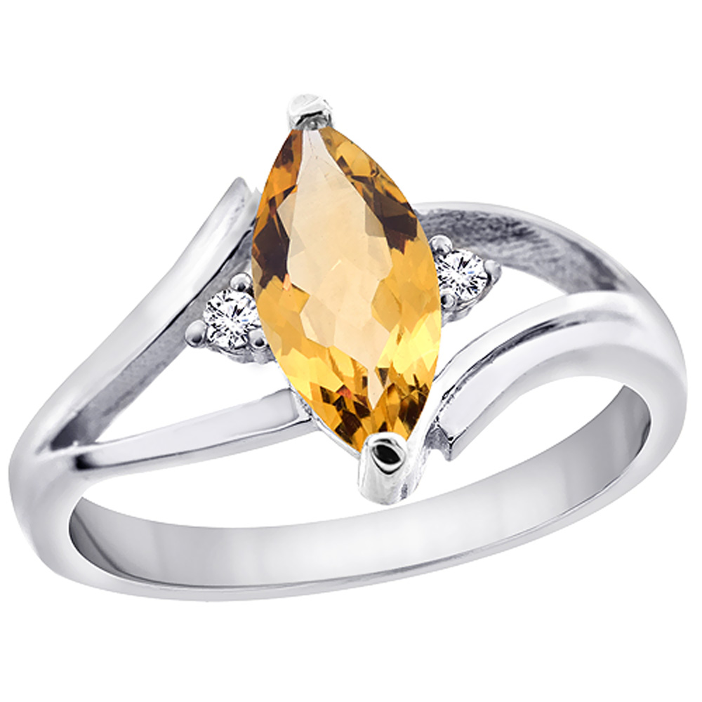 14K White Gold Natural Citrine Ring Marquise 10x5mm Diamond Accent, sizes 5 - 10 with half sizes