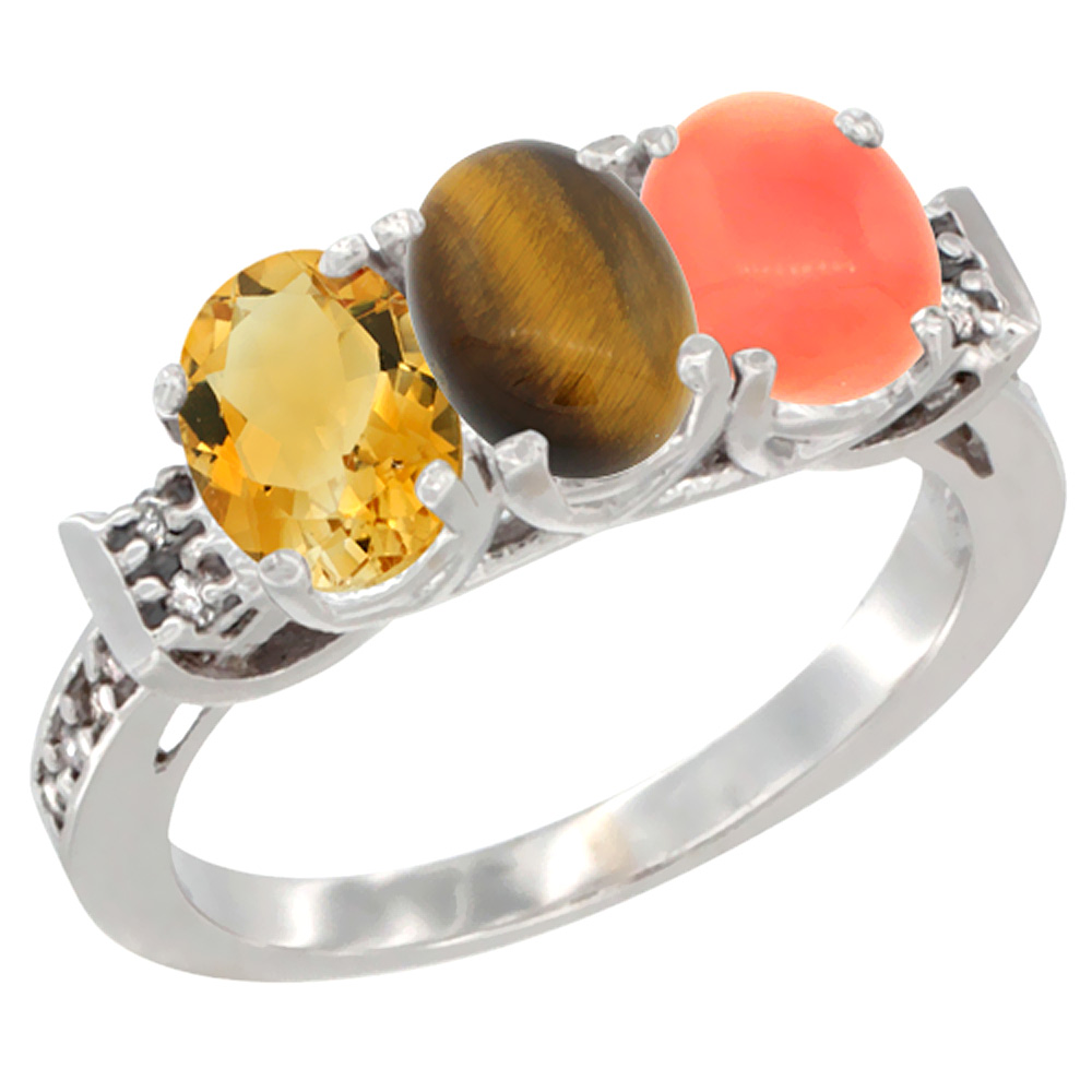 14K White Gold Natural Citrine, Tiger Eye &amp; Coral Ring 3-Stone 7x5 mm Oval Diamond Accent, sizes 5 - 10