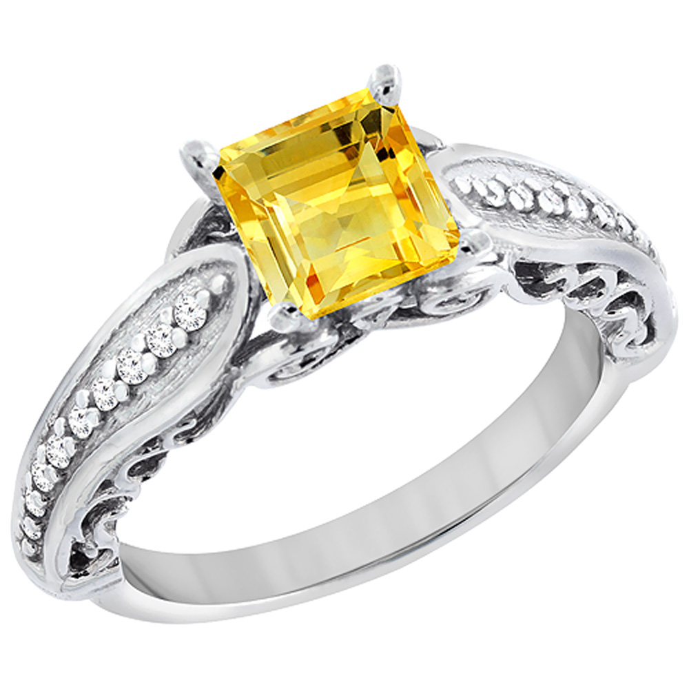 10K White Gold Natural Citrine Ring Square 8x8mm with Diamond Accents, sizes 5 - 10