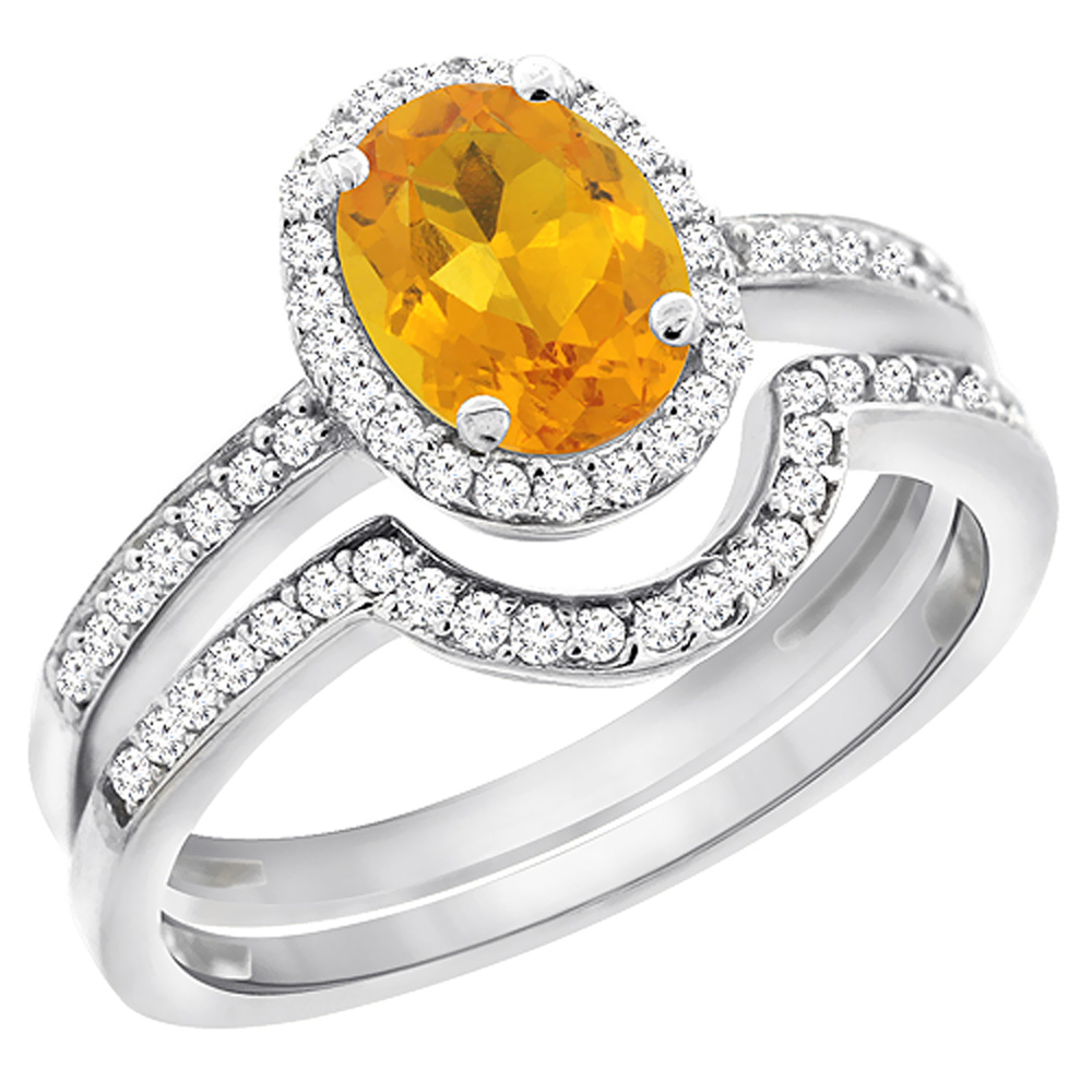 10K White Gold Diamond Natural Citrine 2-Pc. Engagement Ring Set Oval 8x6 mm, sizes 5 - 10