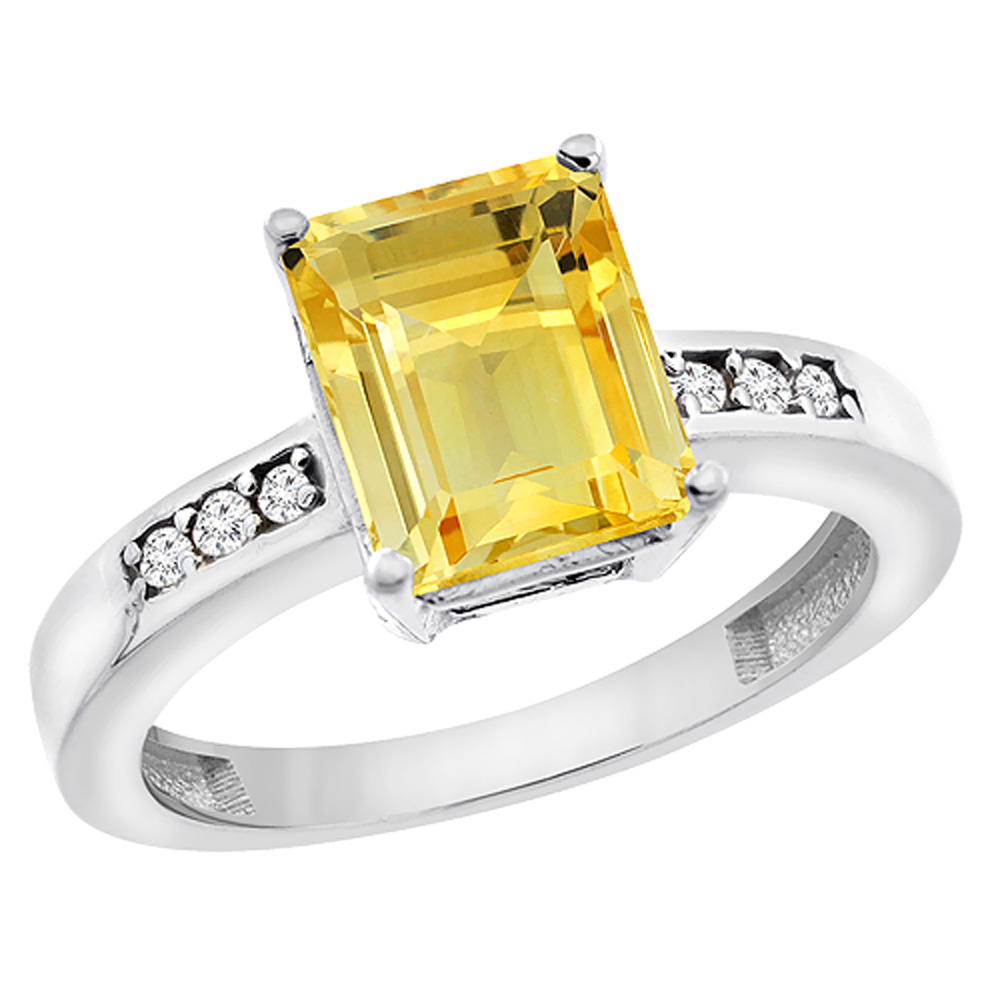 14K White Gold Natural Citrine Octagon 9x7 mm with Diamond Accents, sizes 5 - 10