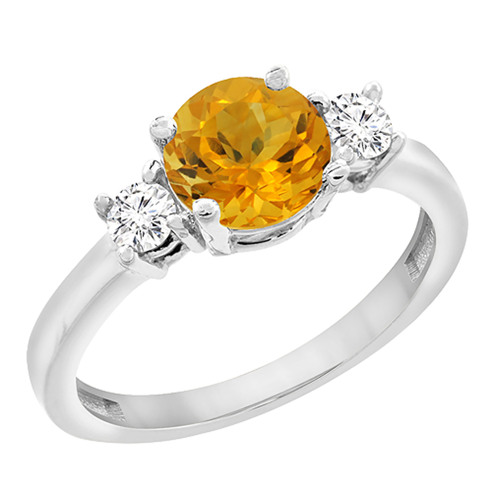 14K White Gold Diamond Natural Citrine Engagement Ring Round 7mm, sizes 5 to 10 with half sizes
