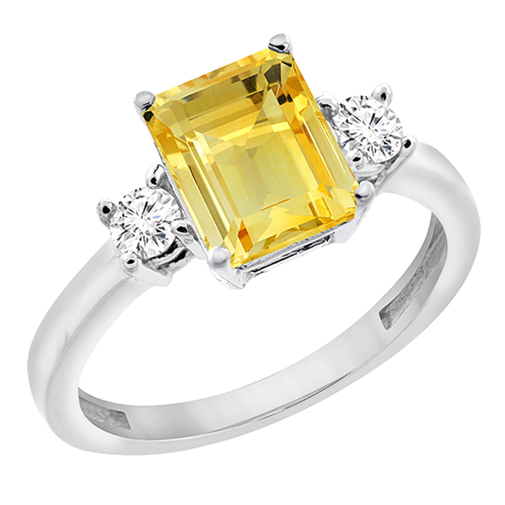 10K White Gold Natural Citrine Ring Octagon 8x6 mm with Diamond Accents, sizes 5 - 10