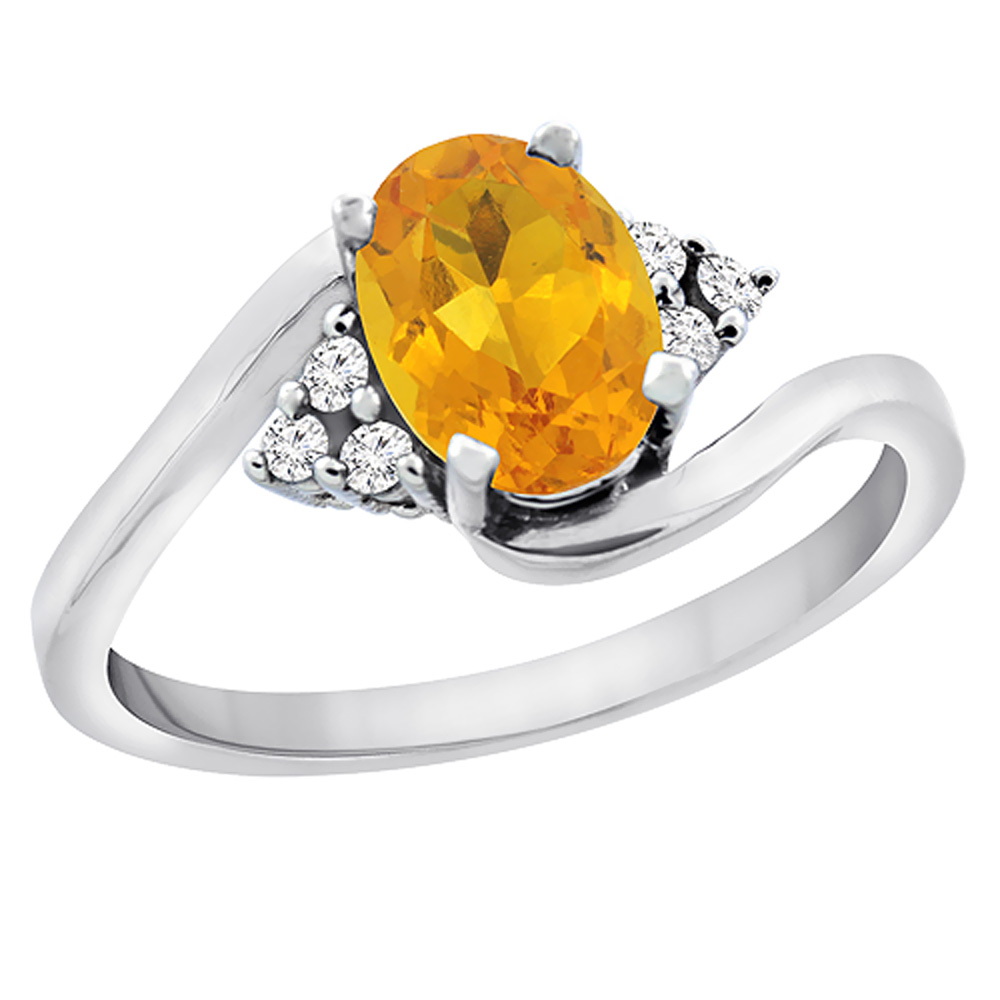 10K White Gold Diamond Natural Citrine Engagement Ring Oval 7x5mm, sizes 5 - 10