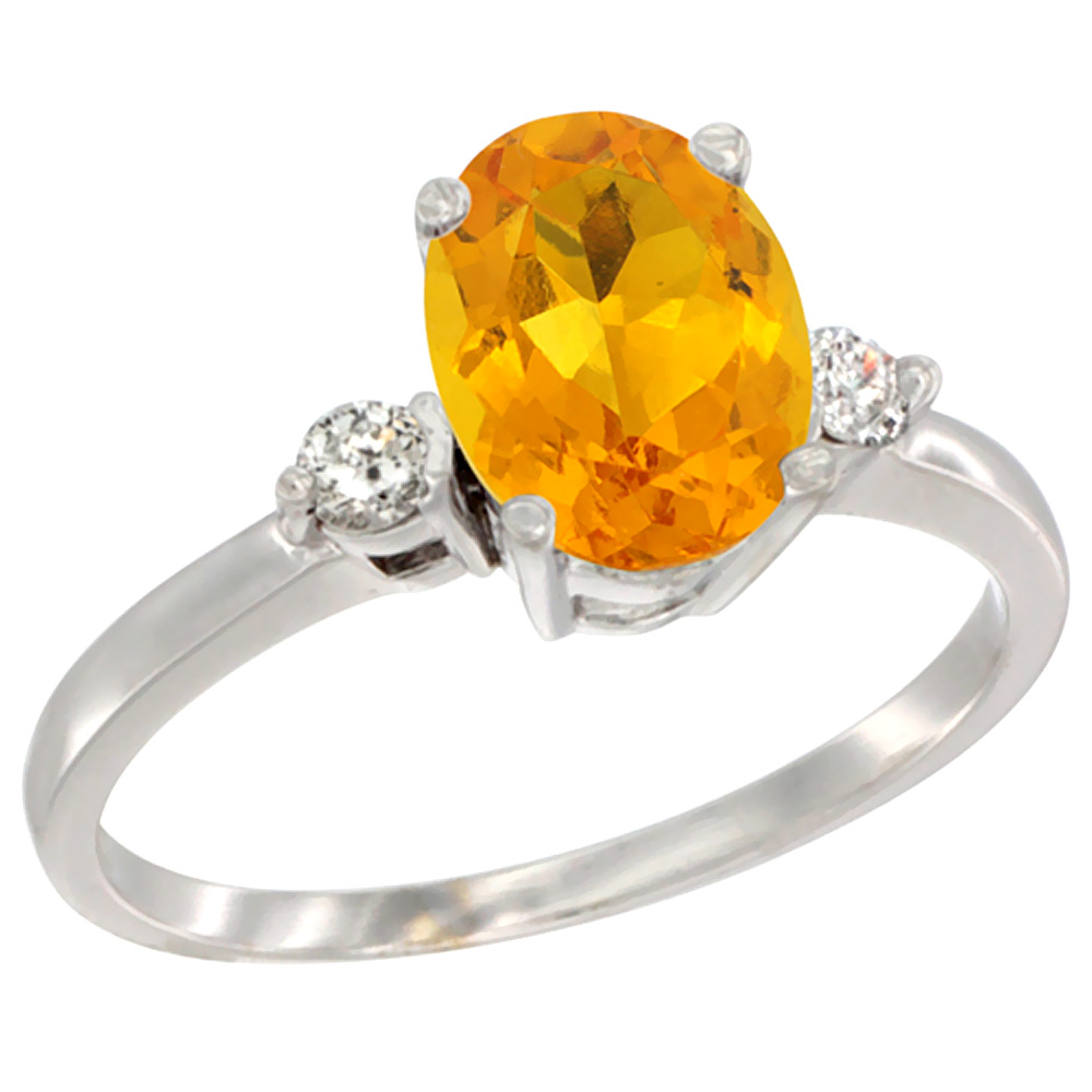 14K White Gold Natural Citrine Ring Oval 9x7 mm Diamond Accent, sizes 5 to 10