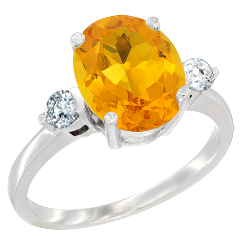 14K White Gold 10x8mm Oval Natural Citrine Ring for Women Diamond Side-stones sizes 5 - 10