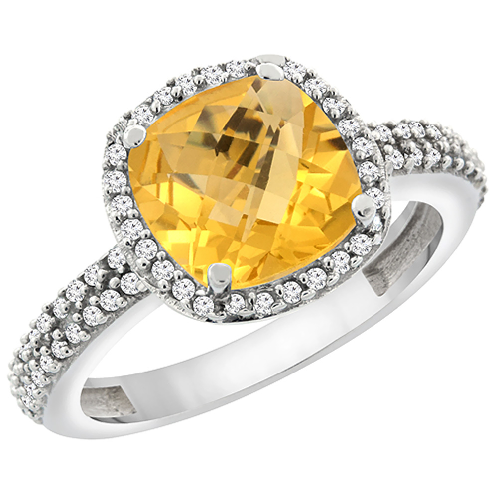 14K White Gold Natural Citrine Cushion 8x8 mm with Diamond Accents, sizes 5 - 10