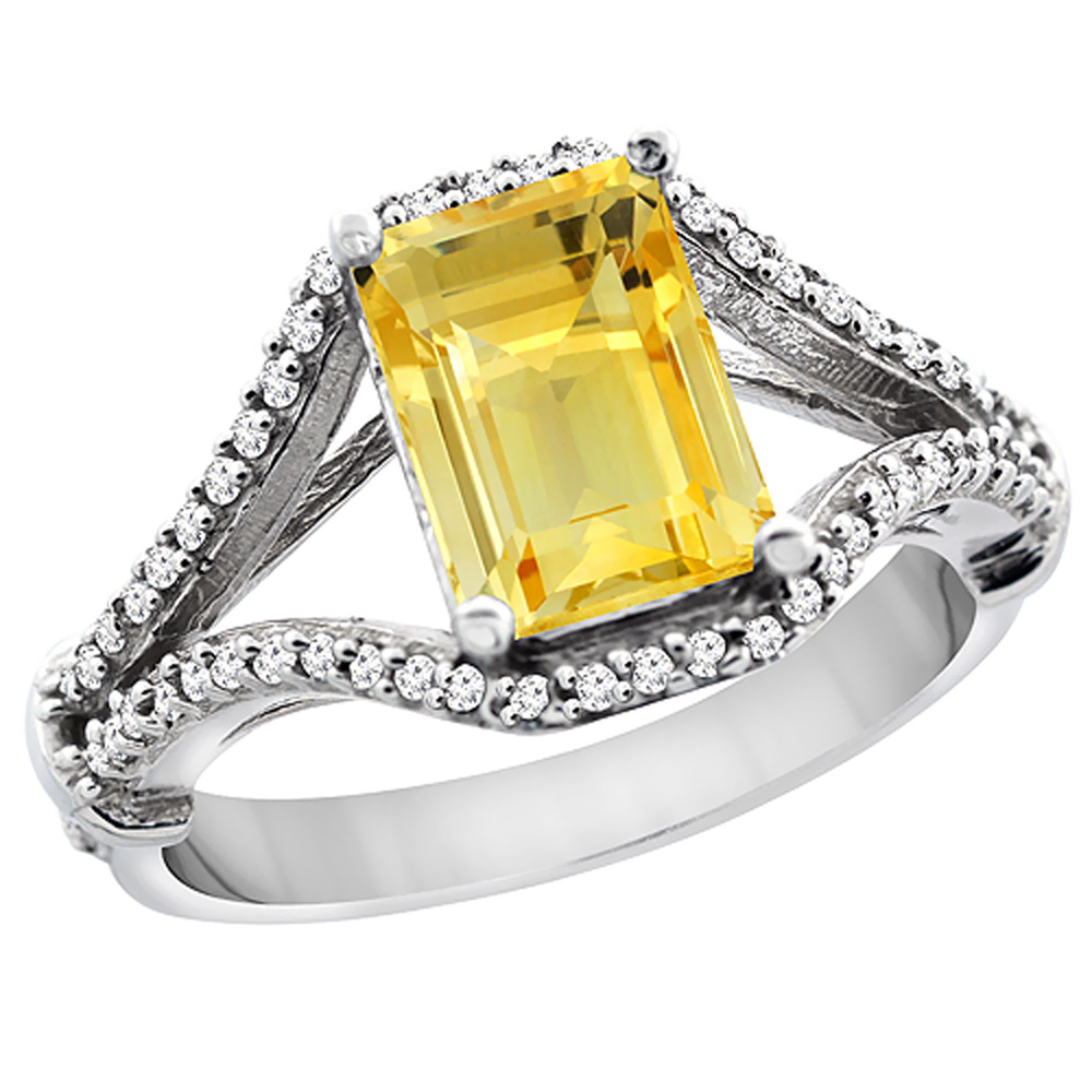 10K White Gold Natural Citrine Ring Octagon 8x6 mm with Diamond Accents, sizes 5 - 10