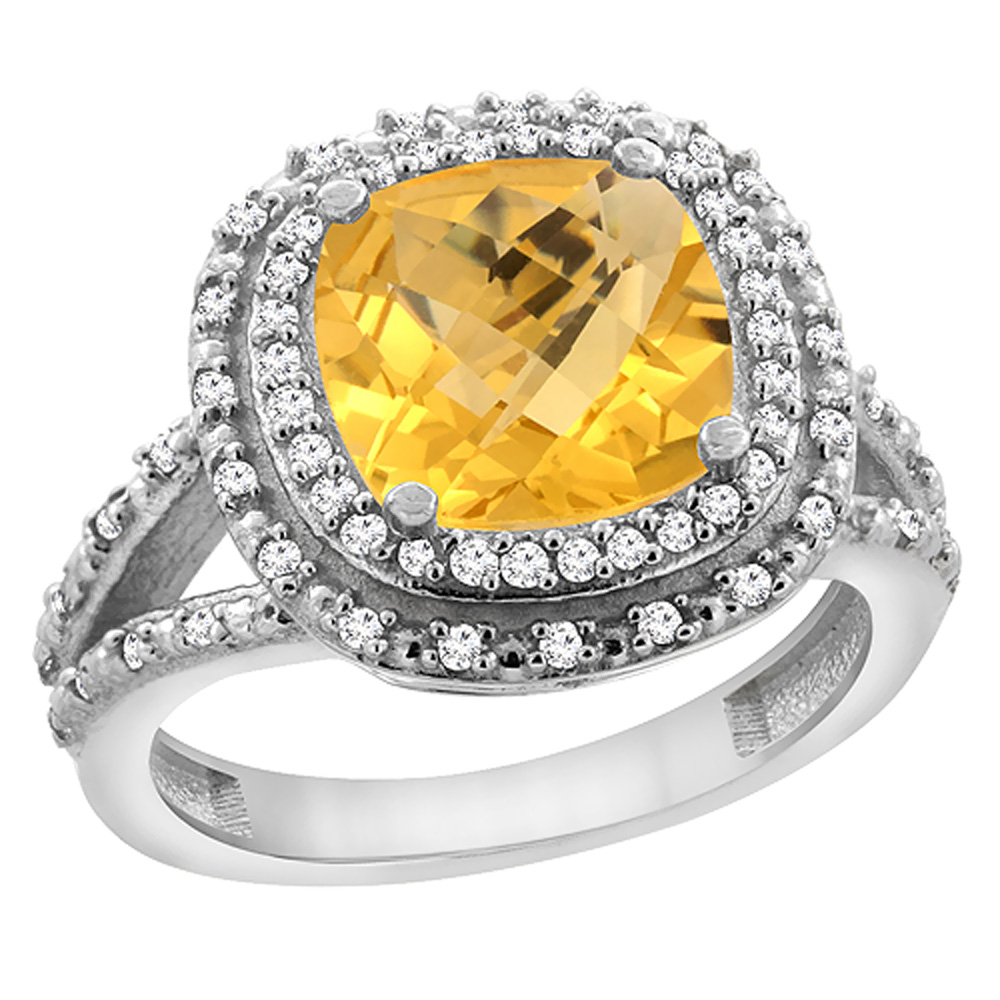 10K White Gold Natural Citrine Ring Cushion 8x8 mm with Diamond Accents, sizes 5 - 10
