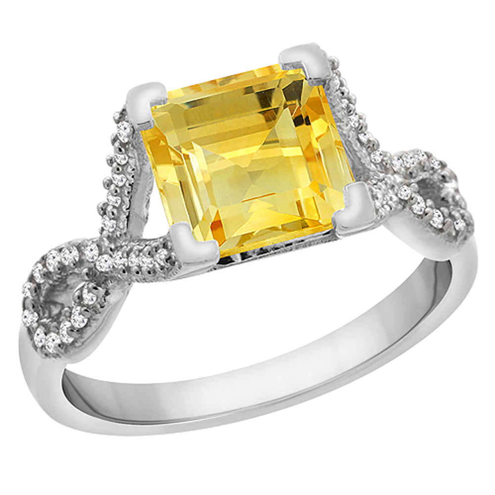 10K White Gold Natural Citrine Ring Square 7x7 mm Diamond Accents, sizes 5 to 10