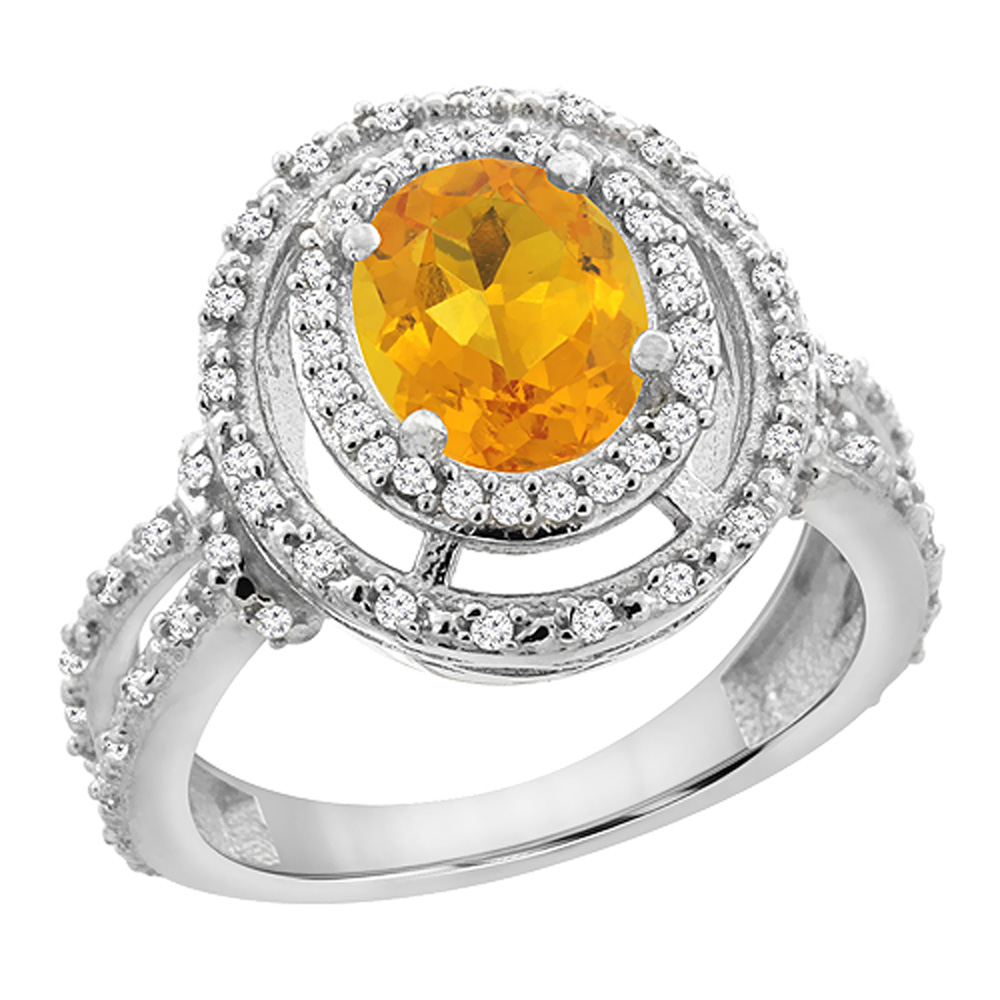 10K Yellow Gold Natural Citrine Ring Oval 8x6 mm Double Halo Diamond, sizes 5 - 10