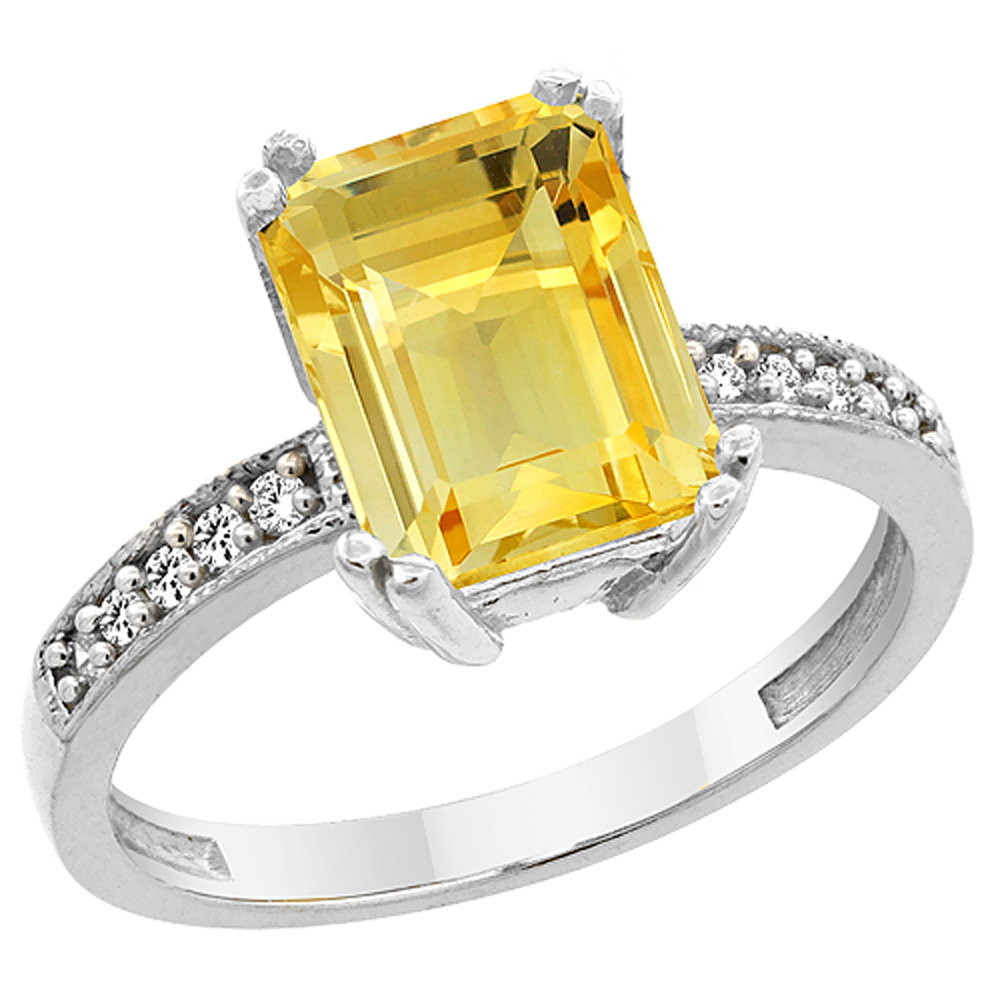 14K White Gold Natural Citrine Ring Octagon 10x8mm Diamond Accent, sizes 5 to 10