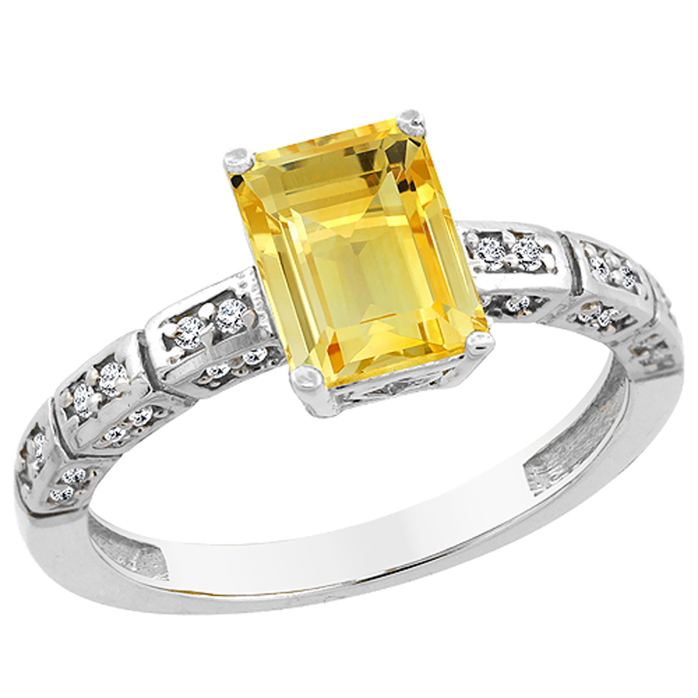 10K White Gold Natural Citrine Octagon 8x6 mm with Diamond Accents, sizes 5 - 10