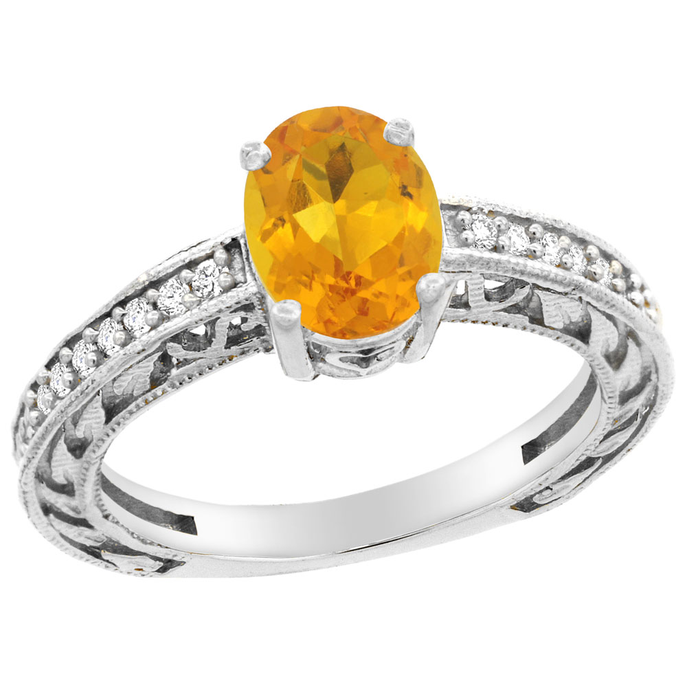 14K Gold Natural Citrine Ring Oval 8x6 mm Diamond Accents, sizes 5 - 10