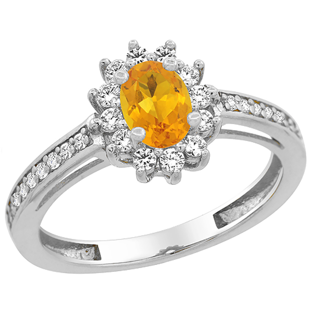 10K White Gold Natural Citrine Flower Halo Ring Oval 6x4 mm Diamond Accents, sizes 5 - 10