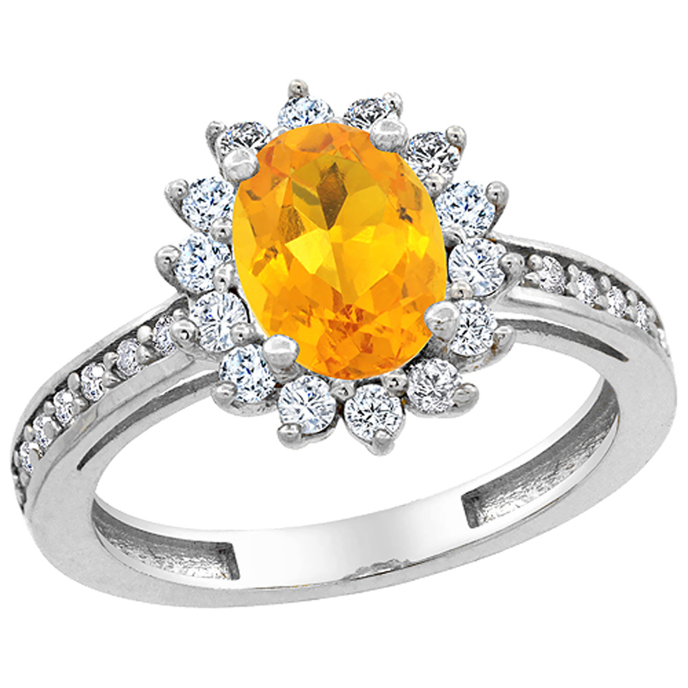 10K White Gold Natural Citrine Floral Halo Ring Oval 8x6mm Diamond Accents, sizes 5 - 10