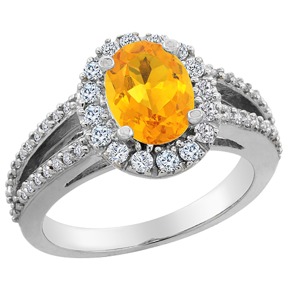 14K White Gold Natural Citrine Halo Ring Oval 8x6 mm with Diamond Accents, sizes 5 - 10