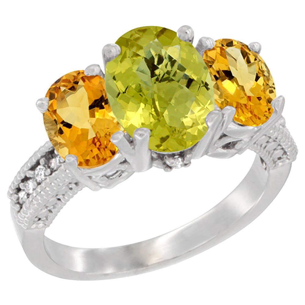14K White Gold Diamond Natural Lemon Quartz Ring 3-Stone Oval 8x6mm with Citrine, sizes5-10