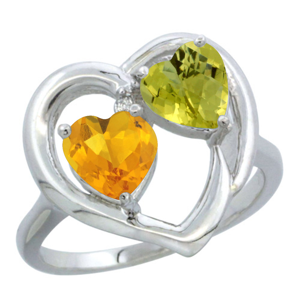 14K White Gold Diamond Two-stone Heart Ring 6mm Natural Citrine & Lemon Quartz, sizes 5-10