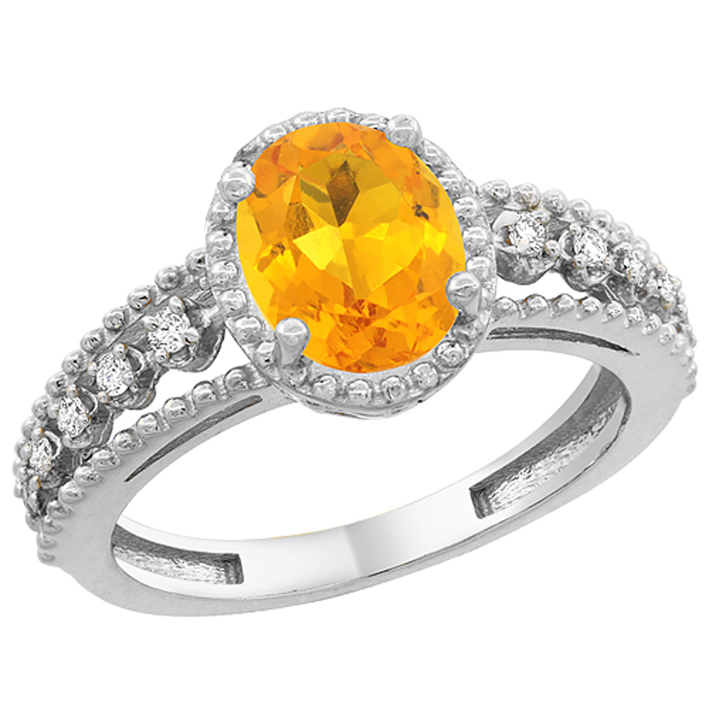 10K White Gold Natural Citrine Ring Oval 9x7 mm Floating Diamond Accents, sizes 5 - 10