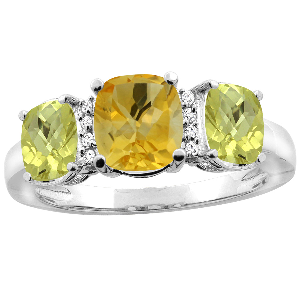 10K Yellow Gold Natural Citrine &amp; Lemon Quartz 3-stone Ring Cushion 8x6mm Diamond Accent, sizes 5 - 10