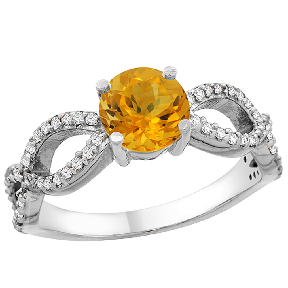 10K White Gold Natural Citrine Ring Round 6mm Infinity Diamond Accents, sizes 5 - 10