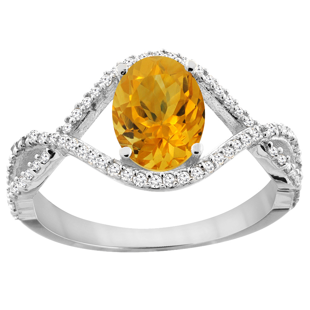 14K White Gold Natural Citrine Ring Oval 8x6 mm Infinity Diamond Accents, sizes 5 - 10