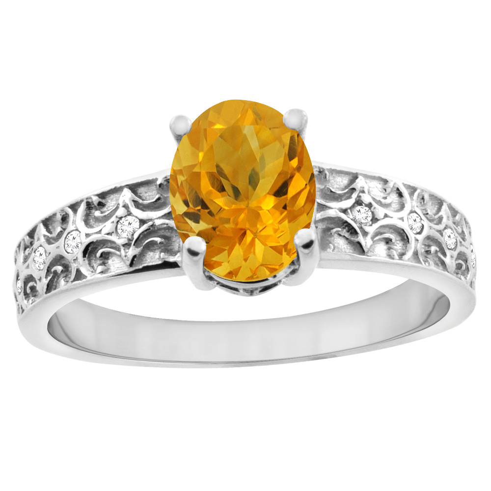 10K White Gold Natural Citrine Ring Oval 8x6 mm Diamond Accents, sizes 5 - 10