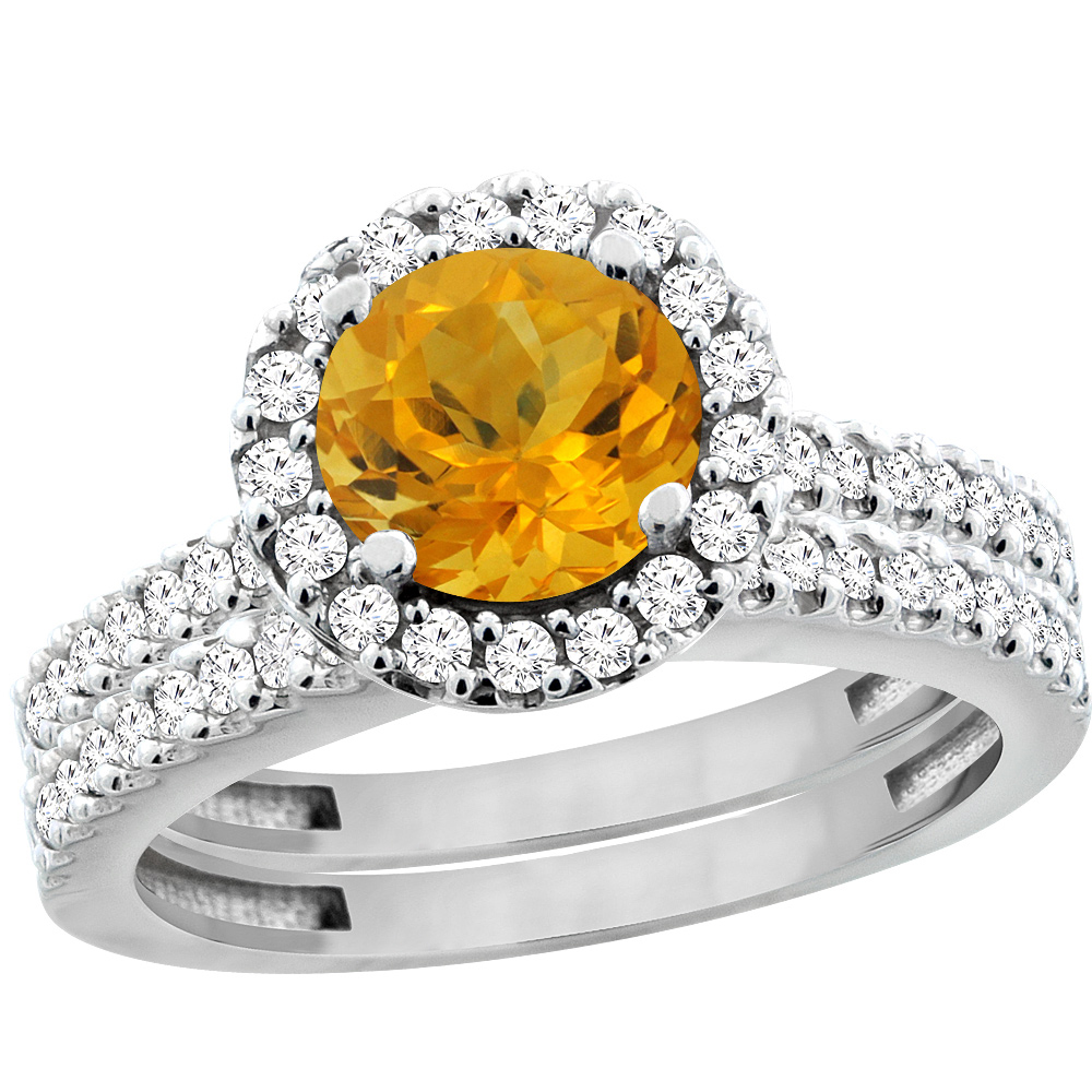 10K White Gold Natural Citrine Round 6mm 2-Piece Engagement Ring Set Floating Halo Diamond, sizes 5 - 10